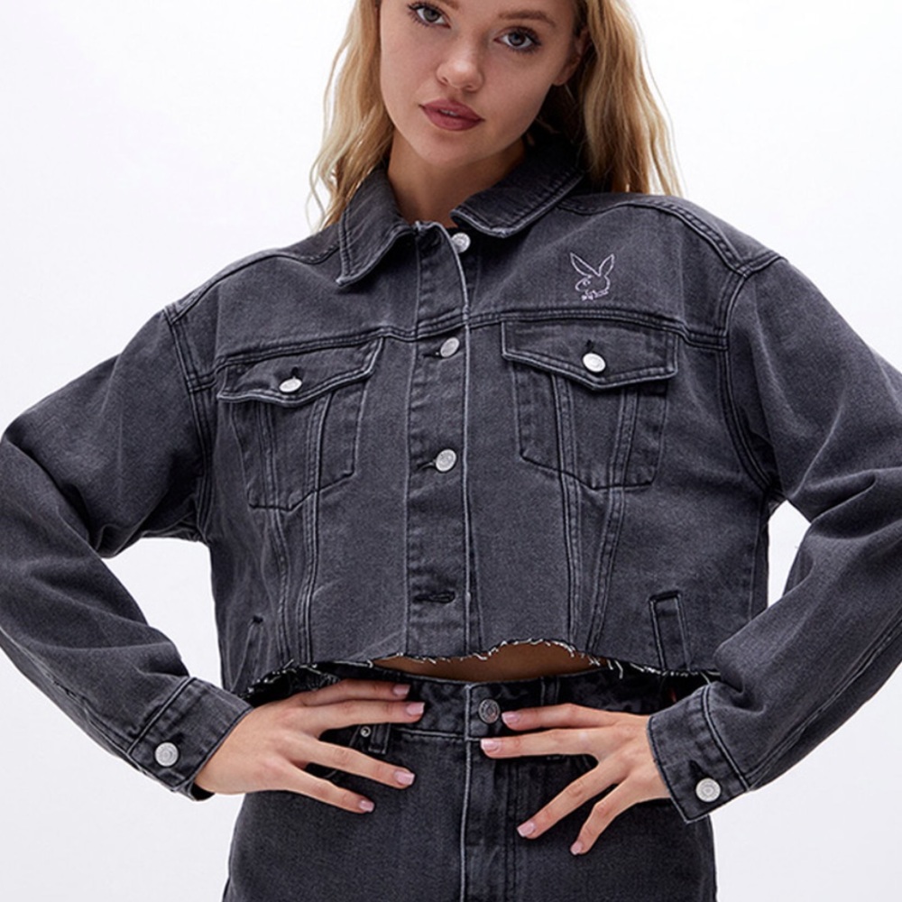 xs/s black certified playboy cropped jean jacket from pacsun